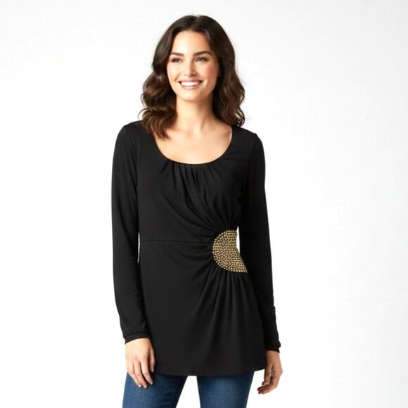 a.n.a. Tops - Ana Women's Chic Black Ruched Waist Tunic Top Gold Embellishment Blouse Size S